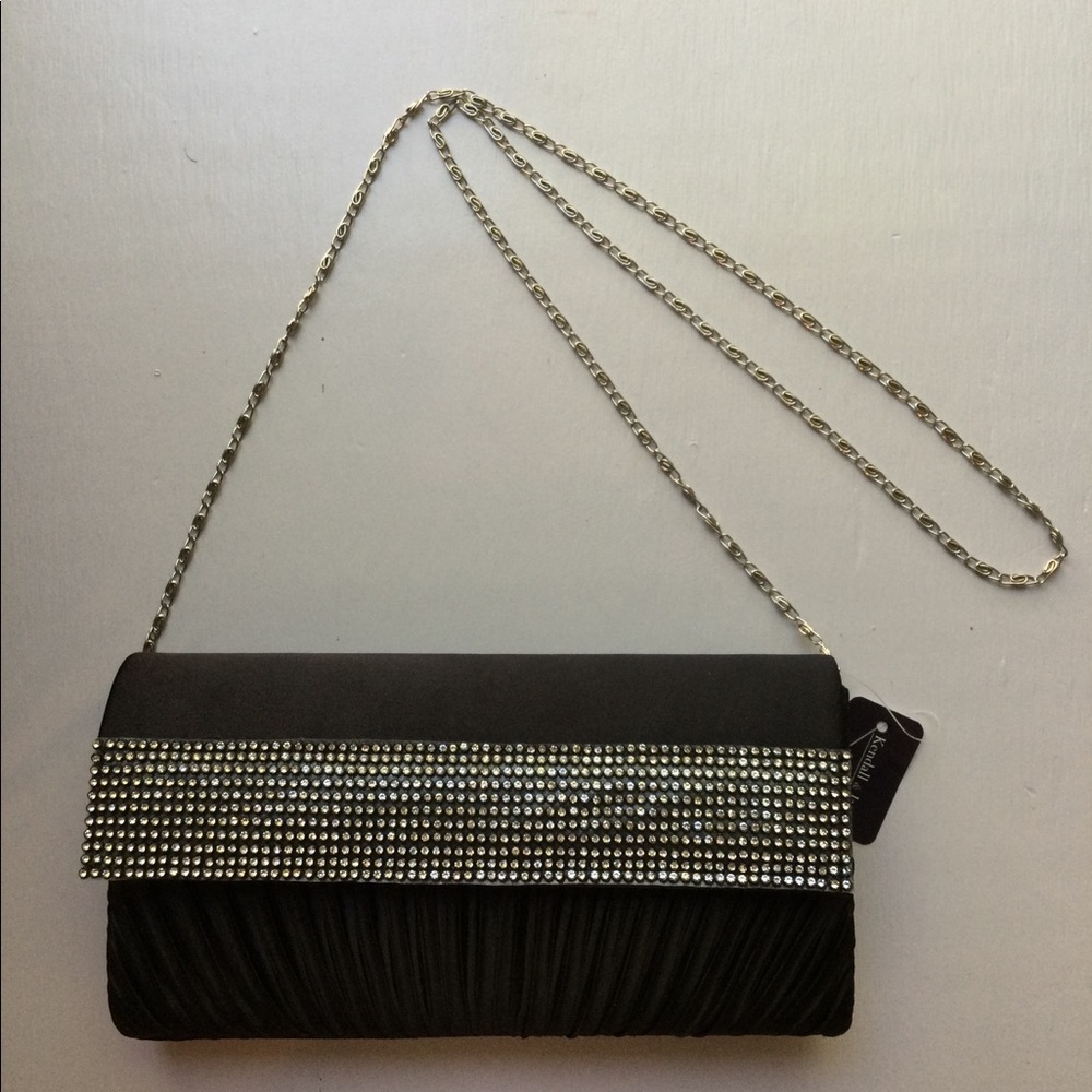 NWT Kendall & James Clutch/Crossbody Evening Bag in Black with Clear Rhinestones